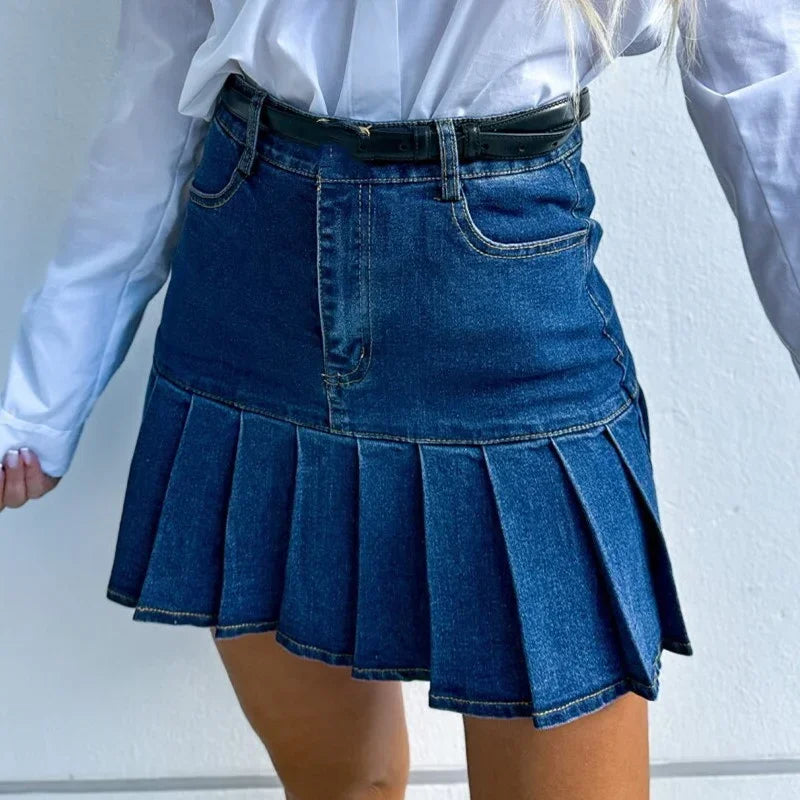 Pleated Denim Skirt in Cotton - Casual Everyday Wear for Women