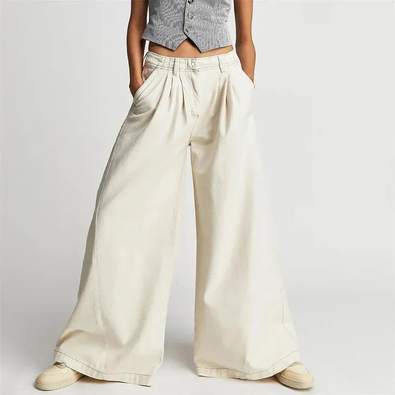 Pleated Wide-Leg Jeans for Women - Comfortable Denim Trousers for Casual Wear - Versatile Fashion Bottoms
