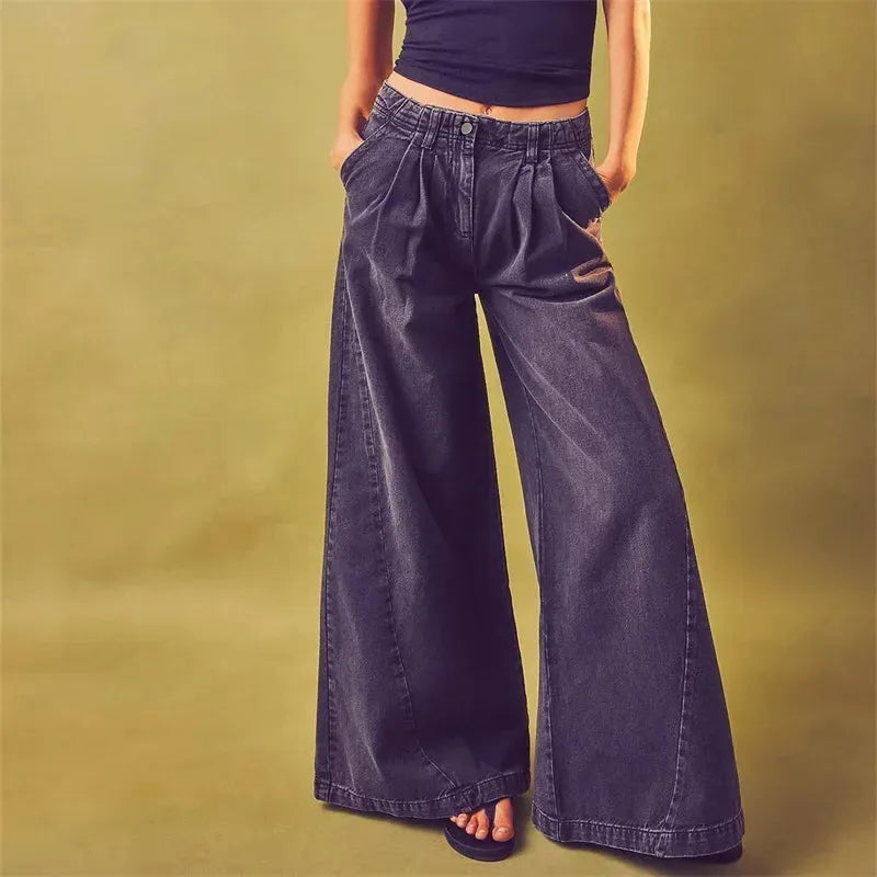 Pleated Wide-Leg Jeans for Women - Comfortable Denim Trousers for Casual Wear - Versatile Fashion Bottoms