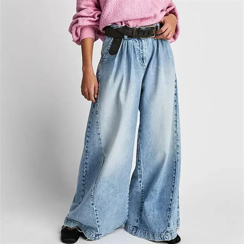 Pleated Wide-Leg Jeans for Women - Comfortable Denim Trousers for Casual Wear - Versatile Fashion Bottoms