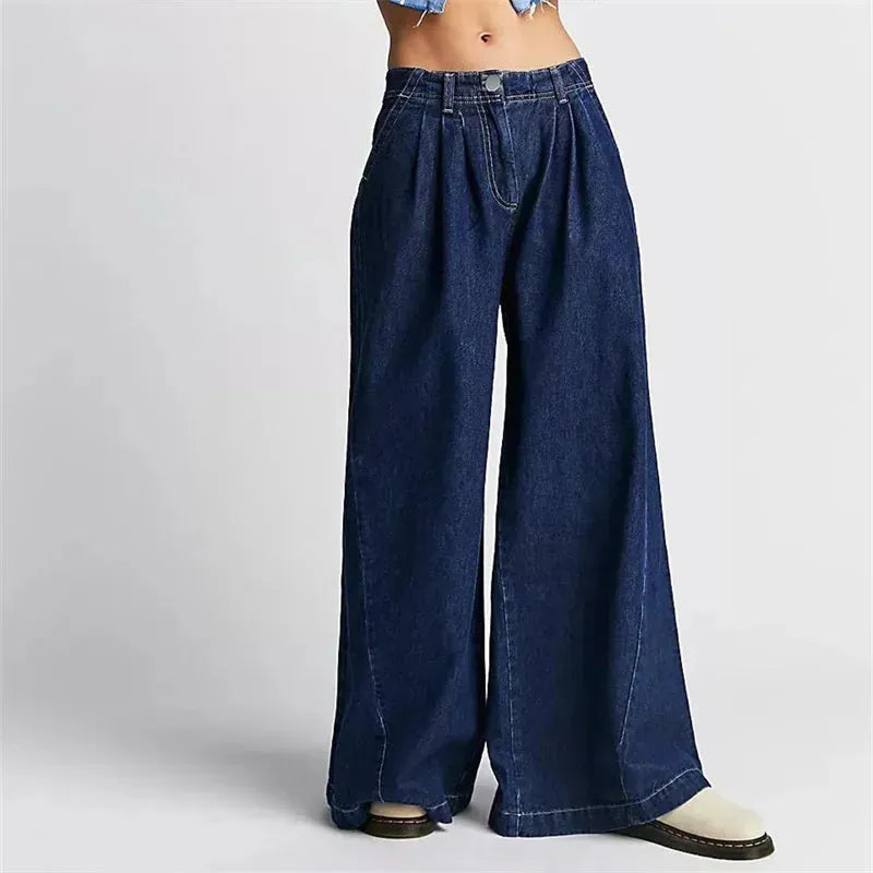 Pleated Wide-Leg Jeans for Women - Comfortable Denim Trousers for Casual Wear - Versatile Fashion Bottoms