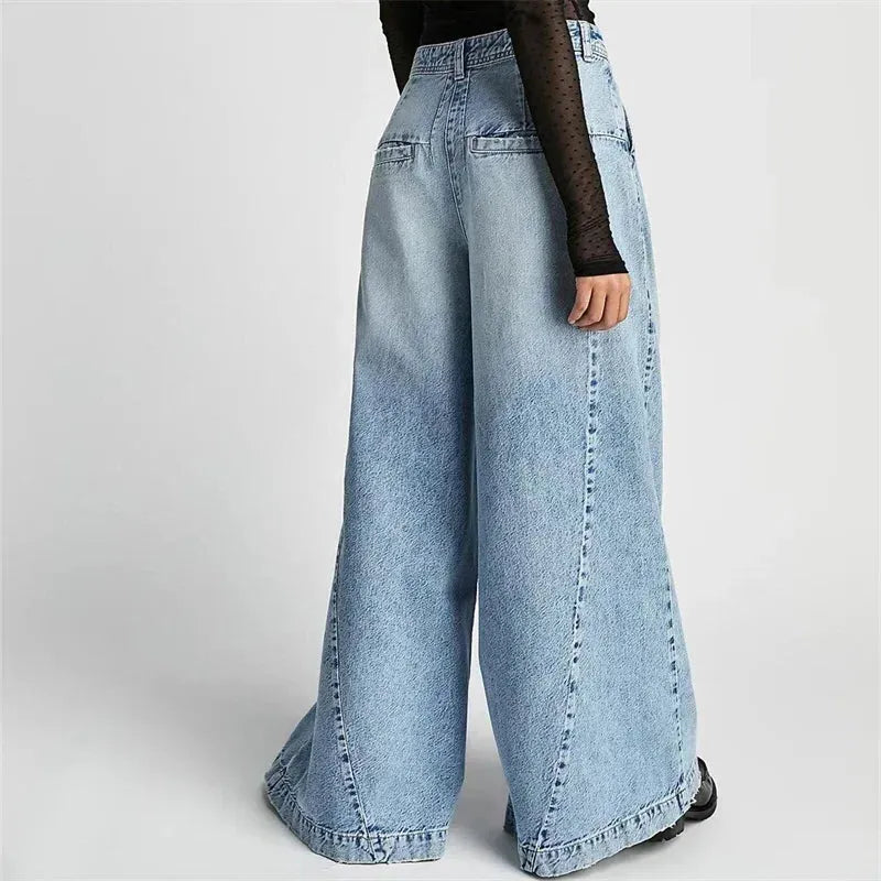 Pleated Wide-Leg Jeans for Women - Comfortable Denim Trousers for Casual Wear - Versatile Fashion Bottoms