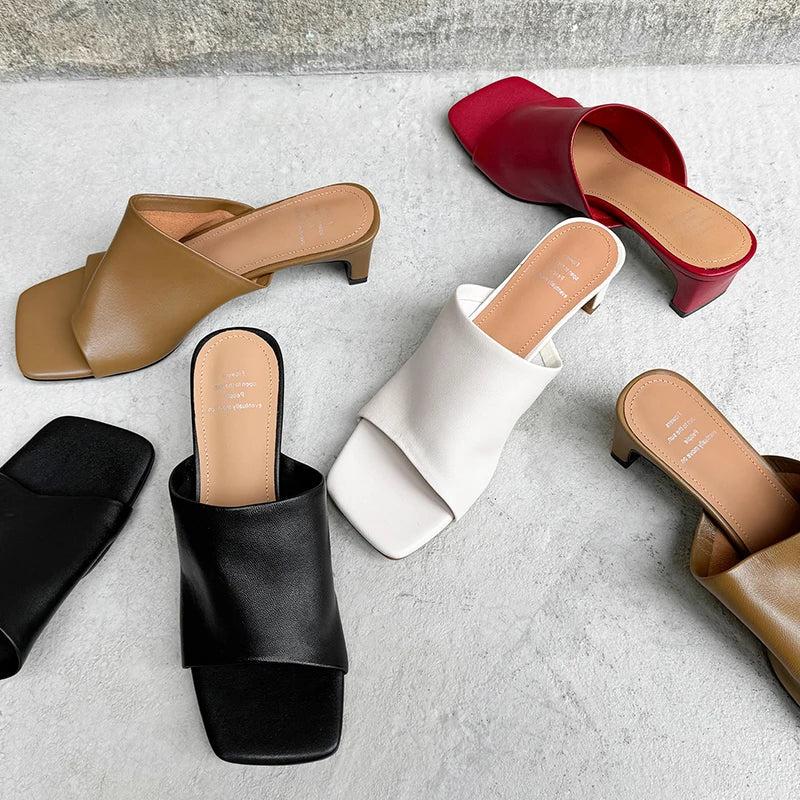 Red Leather Heeled Mules for Women - Stylish Slip-On Footwear for Casual and Dressy Occasions