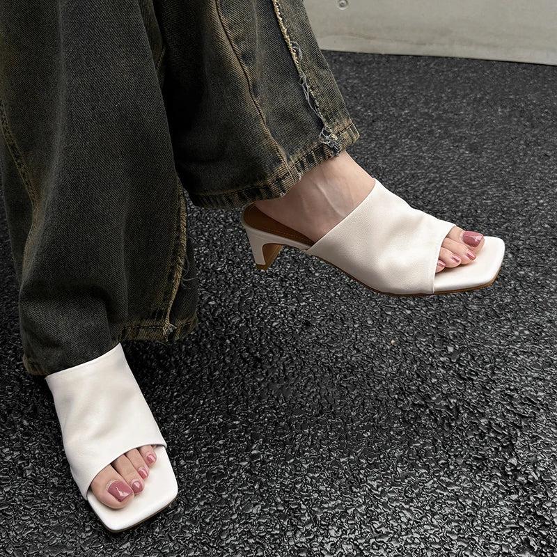 Red Leather Heeled Mules for Women - Stylish Slip-On Footwear for Casual and Dressy Occasions