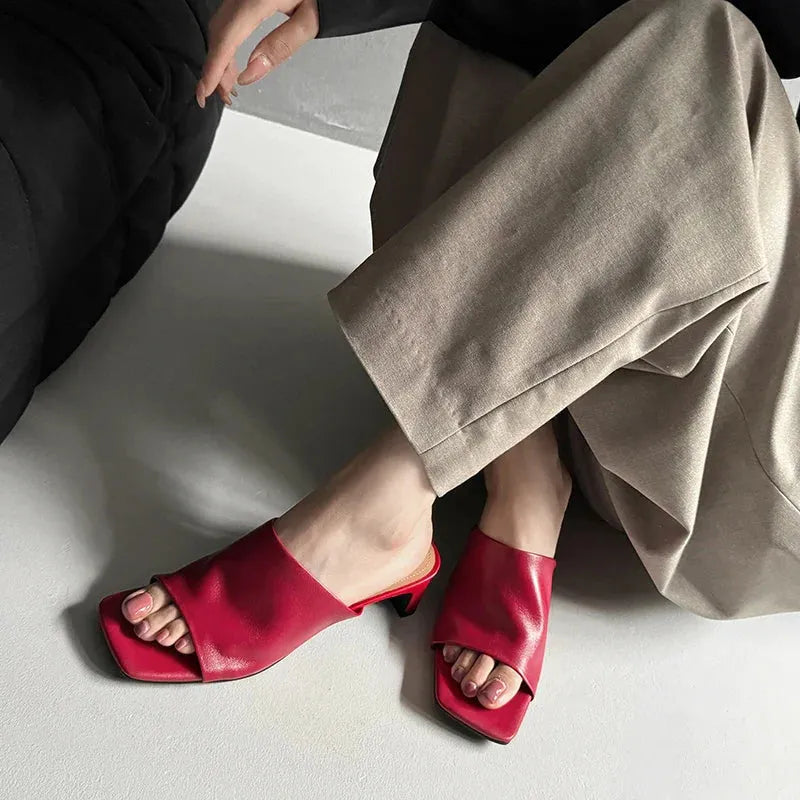 Red Leather Heeled Mules for Women - Stylish Slip-On Footwear for Casual and Dressy Occasions
