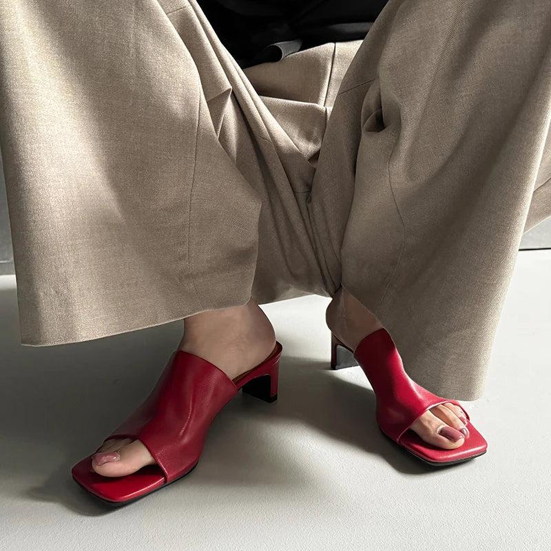 Red Leather Heeled Mules for Women - Stylish Slip-On Footwear for Casual and Dressy Occasions