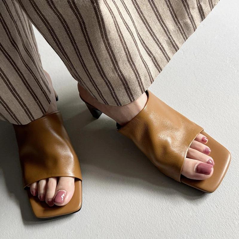 Red Leather Heeled Mules for Women - Stylish Slip-On Footwear for Casual and Dressy Occasions