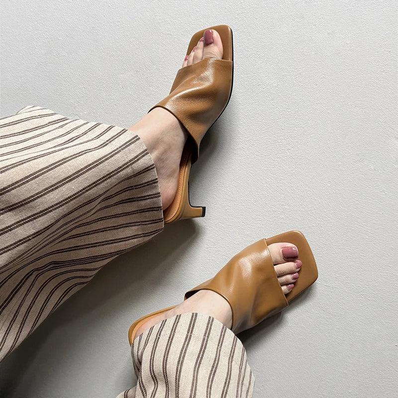 Red Leather Heeled Mules for Women - Stylish Slip-On Footwear for Casual and Dressy Occasions