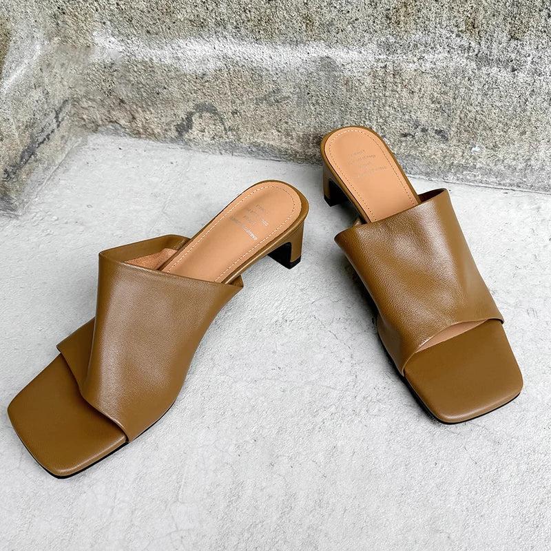 Red Leather Heeled Mules for Women - Stylish Slip-On Footwear for Casual and Dressy Occasions