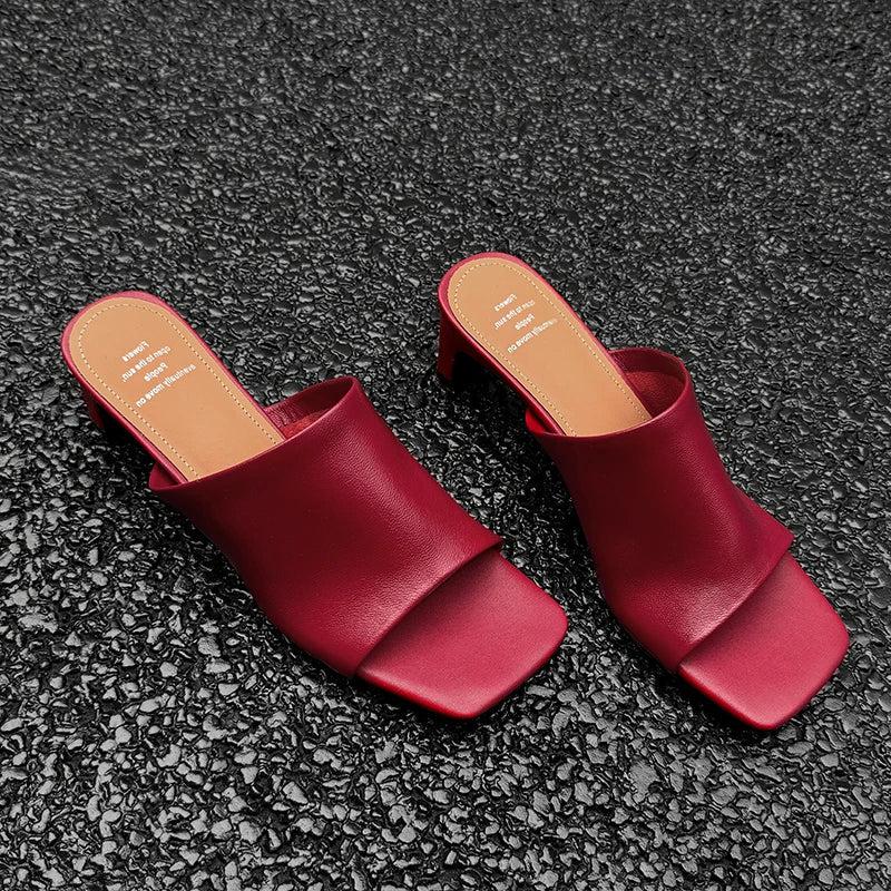 Red Leather Heeled Mules for Women - Stylish Slip-On Footwear for Casual and Dressy Occasions