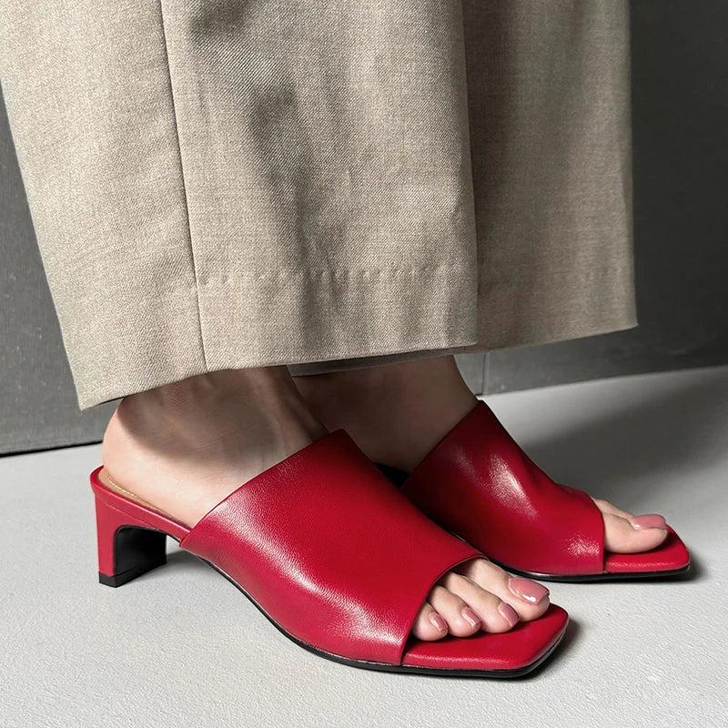 Red Leather Heeled Mules for Women - Stylish Slip-On Footwear for Casual and Dressy Occasions