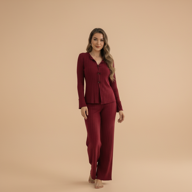 Ribbed Knit Pajama Set for Women - Comfortable Sleepwear - Soft Fabric - Cozy Loungewear - Available in Multiple Sizes
