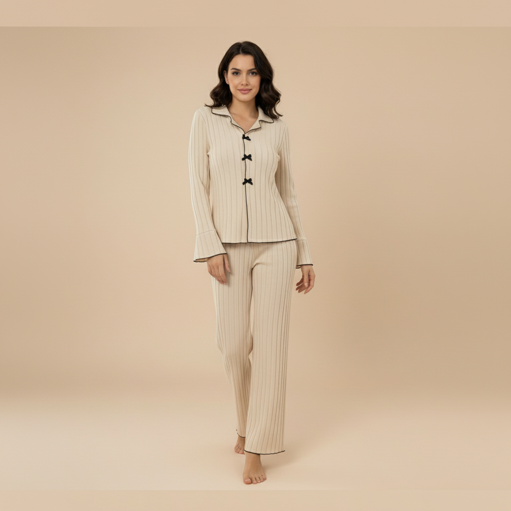 Ribbed Knit Pajama Set for Women - Comfortable Sleepwear - Soft Fabric - Cozy Loungewear - Available in Multiple Sizes