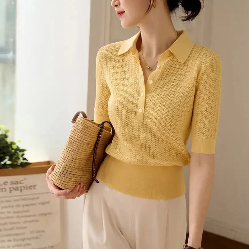 Ribbed Knit Polo Blouse for Women - Casual Short Sleeve Top in Soft Fabric - Versatile Everyday Wear