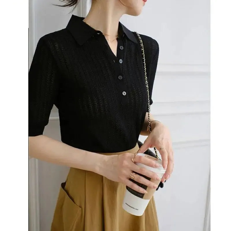 Ribbed Knit Polo Blouse for Women - Casual Short Sleeve Top in Soft Fabric - Versatile Everyday Wear