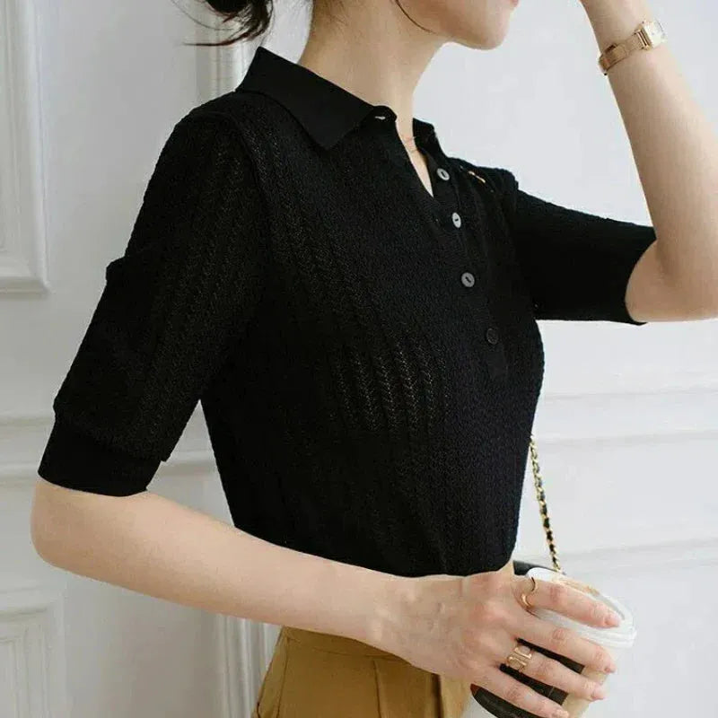 Ribbed Knit Polo Blouse for Women - Casual Short Sleeve Top in Soft Fabric - Versatile Everyday Wear