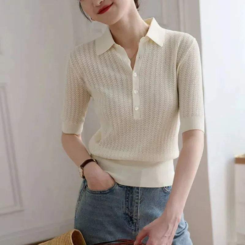 Ribbed Knit Polo Blouse for Women - Casual Short Sleeve Top in Soft Fabric - Versatile Everyday Wear