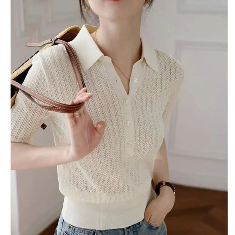 Ribbed Knit Polo Blouse for Women - Casual Short Sleeve Top in Soft Fabric - Versatile Everyday Wear