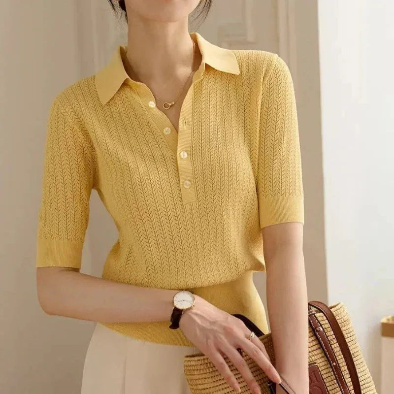 Ribbed Knit Polo Blouse for Women - Casual Short Sleeve Top in Soft Fabric - Versatile Everyday Wear