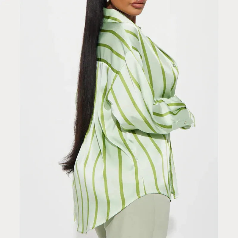 Satin Stripe Button-Up Shirt for Women - Elegant Casual Wear - Lightweight, Soft Fabric, Perfect for Office or Outings