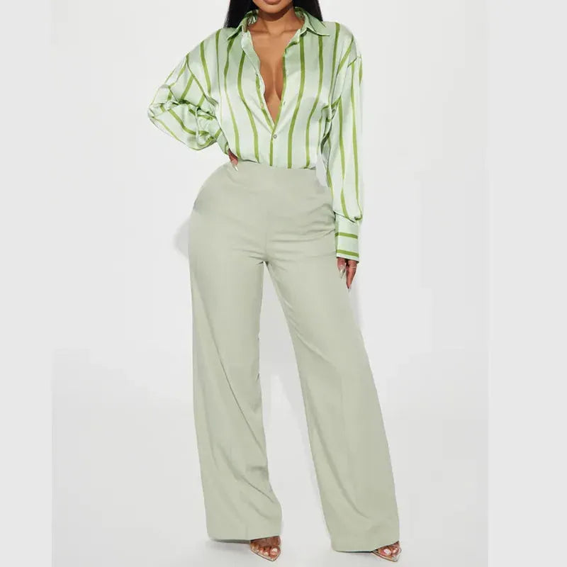 Satin Stripe Button-Up Shirt for Women - Elegant Casual Wear - Lightweight, Soft Fabric, Perfect for Office or Outings