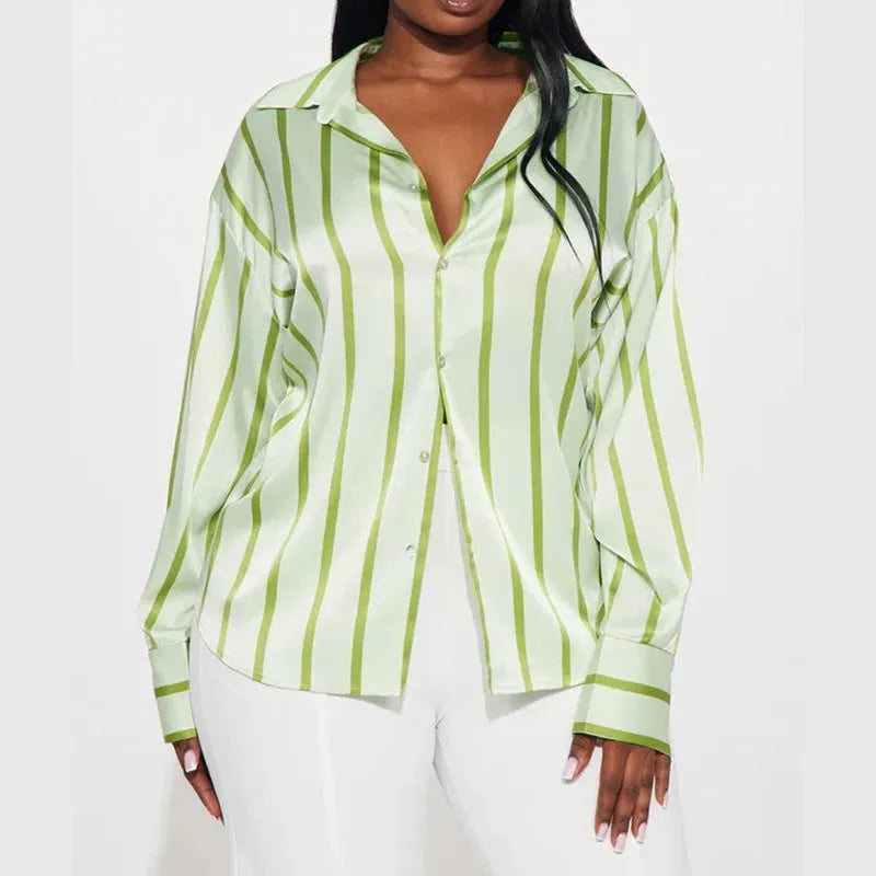 Satin Stripe Button-Up Shirt for Women - Elegant Casual Wear - Lightweight, Soft Fabric, Perfect for Office or Outings