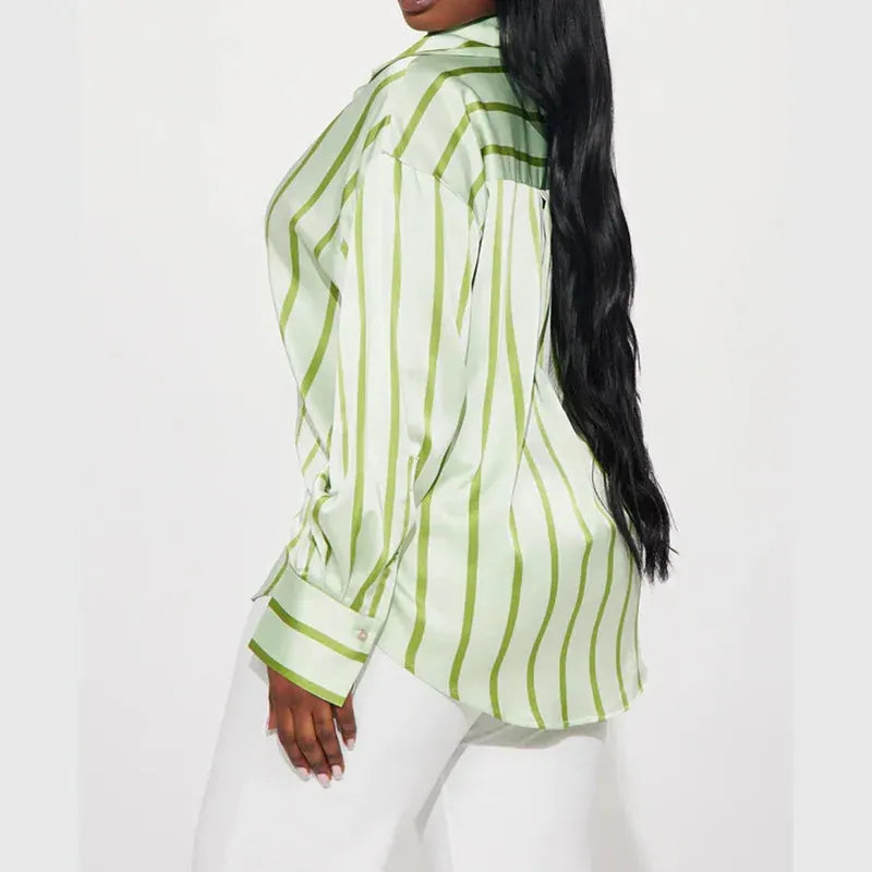 Satin Stripe Button-Up Shirt for Women - Elegant Casual Wear - Lightweight, Soft Fabric, Perfect for Office or Outings