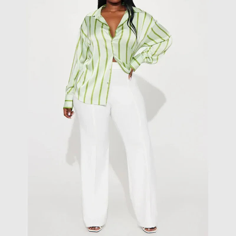 Satin Stripe Button-Up Shirt for Women - Elegant Casual Wear - Lightweight, Soft Fabric, Perfect for Office or Outings