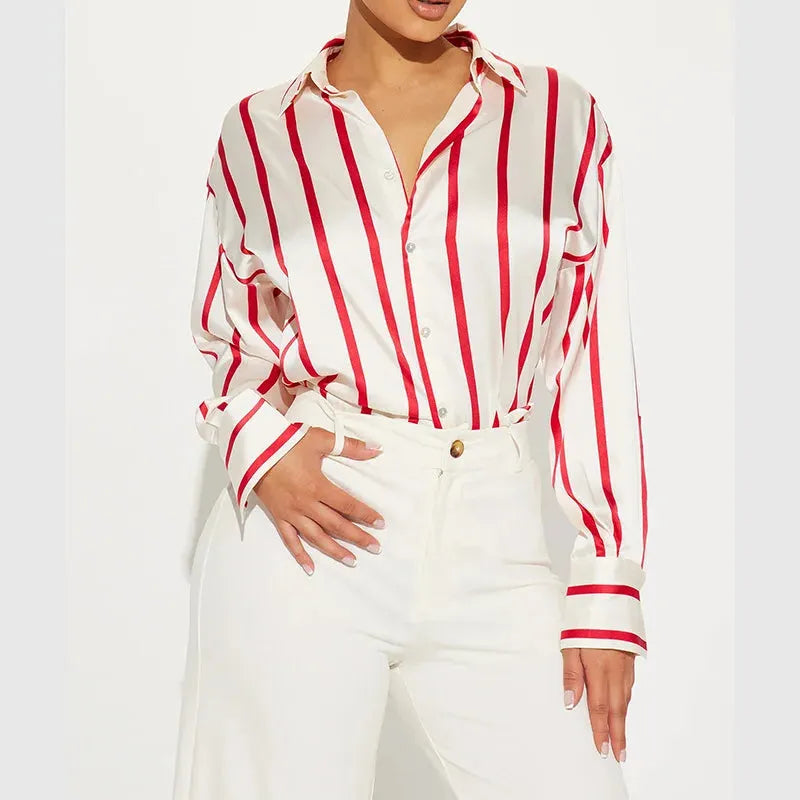 Satin Stripe Button-Up Shirt for Women - Elegant Casual Wear - Lightweight, Soft Fabric, Perfect for Office or Outings