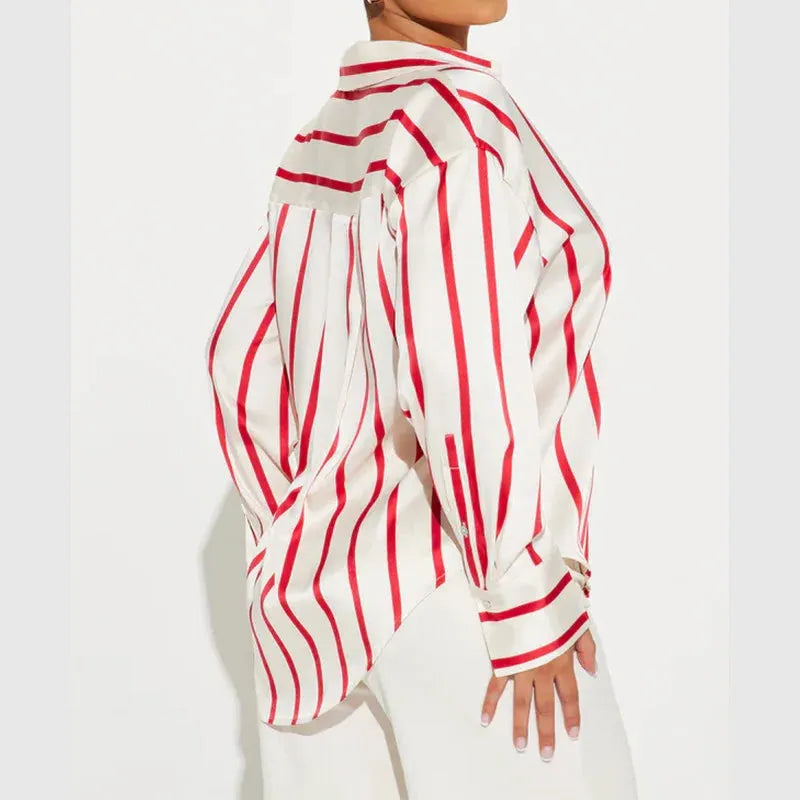 Satin Stripe Button-Up Shirt for Women - Elegant Casual Wear - Lightweight, Soft Fabric, Perfect for Office or Outings
