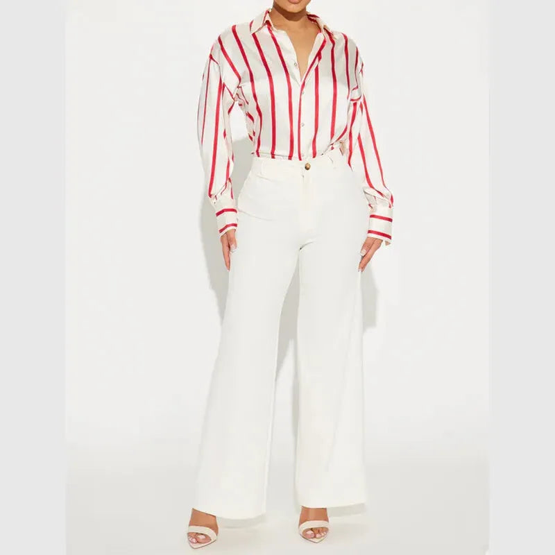 Satin Stripe Button-Up Shirt for Women - Elegant Casual Wear - Lightweight, Soft Fabric, Perfect for Office or Outings