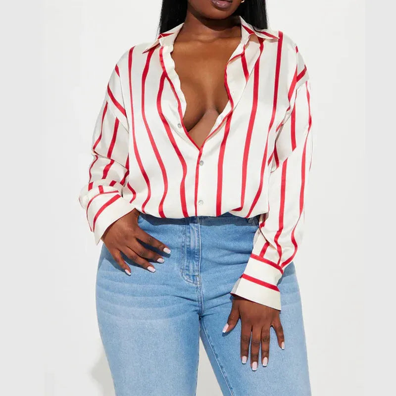 Satin Stripe Button-Up Shirt for Women - Elegant Casual Wear - Lightweight, Soft Fabric, Perfect for Office or Outings