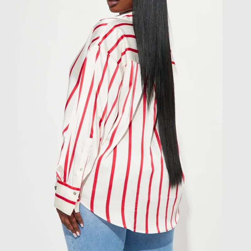 Satin Stripe Button-Up Shirt for Women - Elegant Casual Wear - Lightweight, Soft Fabric, Perfect for Office or Outings