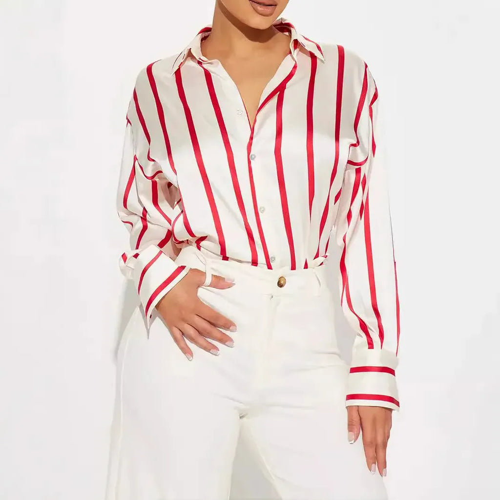 Satin Stripe Button-Up Shirt for Women - Elegant Casual Wear - Lightweight, Soft Fabric, Perfect for Office or Outings