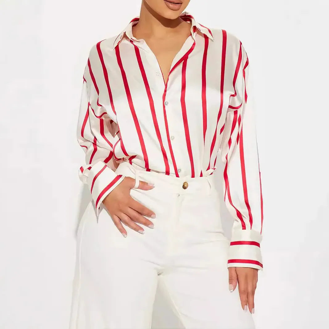 Satin Stripe Button-Up Shirt for Women - Elegant Casual Wear - Lightweight, Soft Fabric, Perfect for Office or Outings