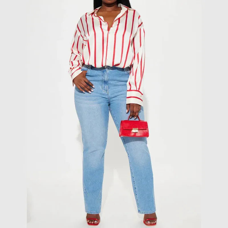 Satin Stripe Button-Up Shirt for Women - Elegant Casual Wear - Lightweight, Soft Fabric, Perfect for Office or Outings