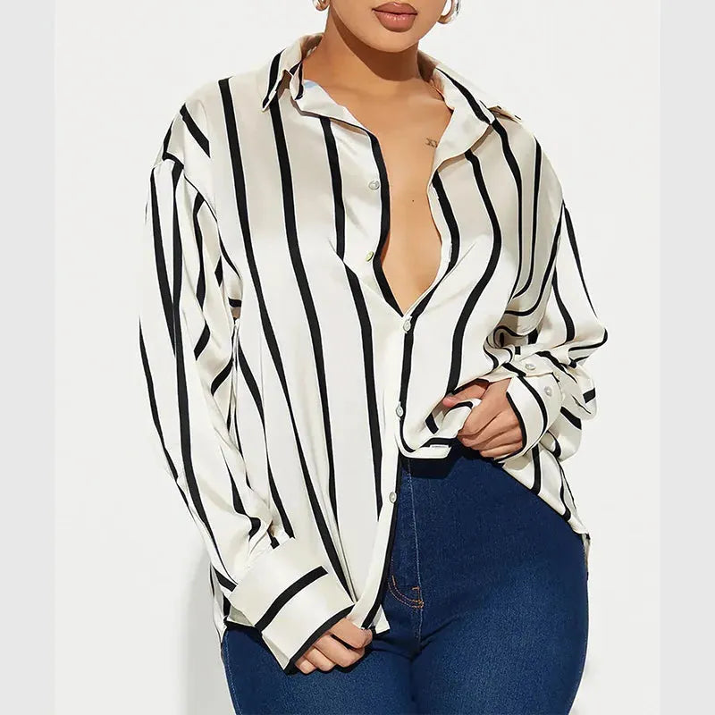 Satin Stripe Button-Up Shirt for Women - Elegant Casual Wear - Lightweight, Soft Fabric, Perfect for Office or Outings