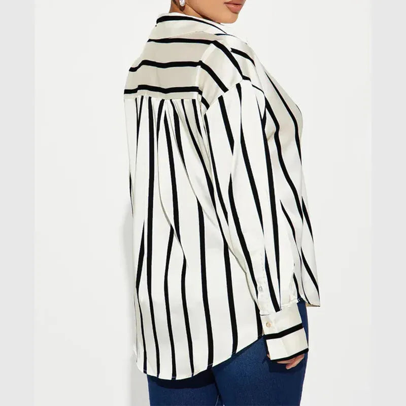 Satin Stripe Button-Up Shirt for Women - Elegant Casual Wear - Lightweight, Soft Fabric, Perfect for Office or Outings