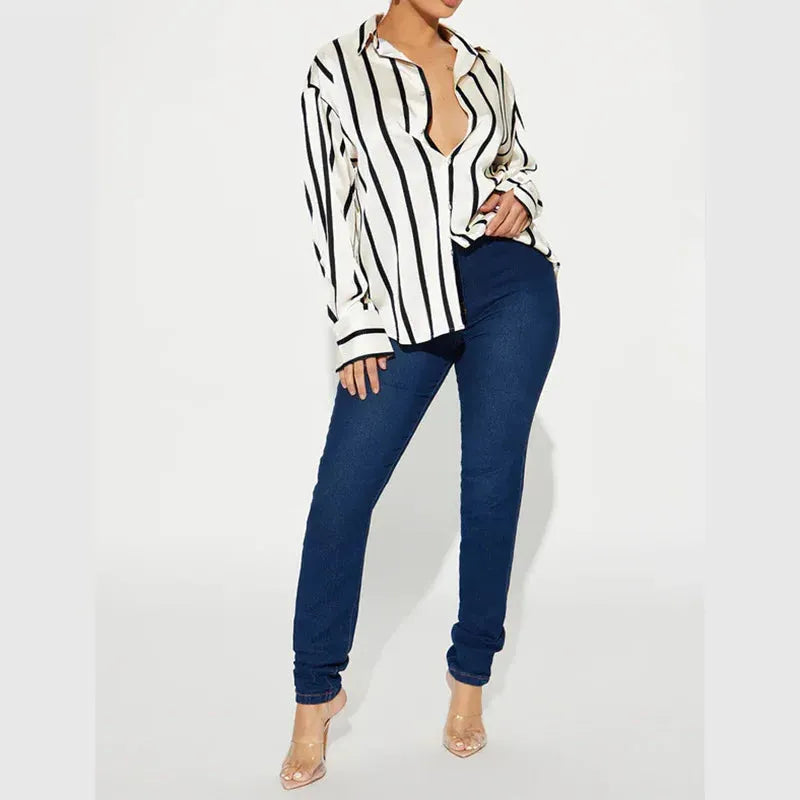 Satin Stripe Button-Up Shirt for Women - Elegant Casual Wear - Lightweight, Soft Fabric, Perfect for Office or Outings