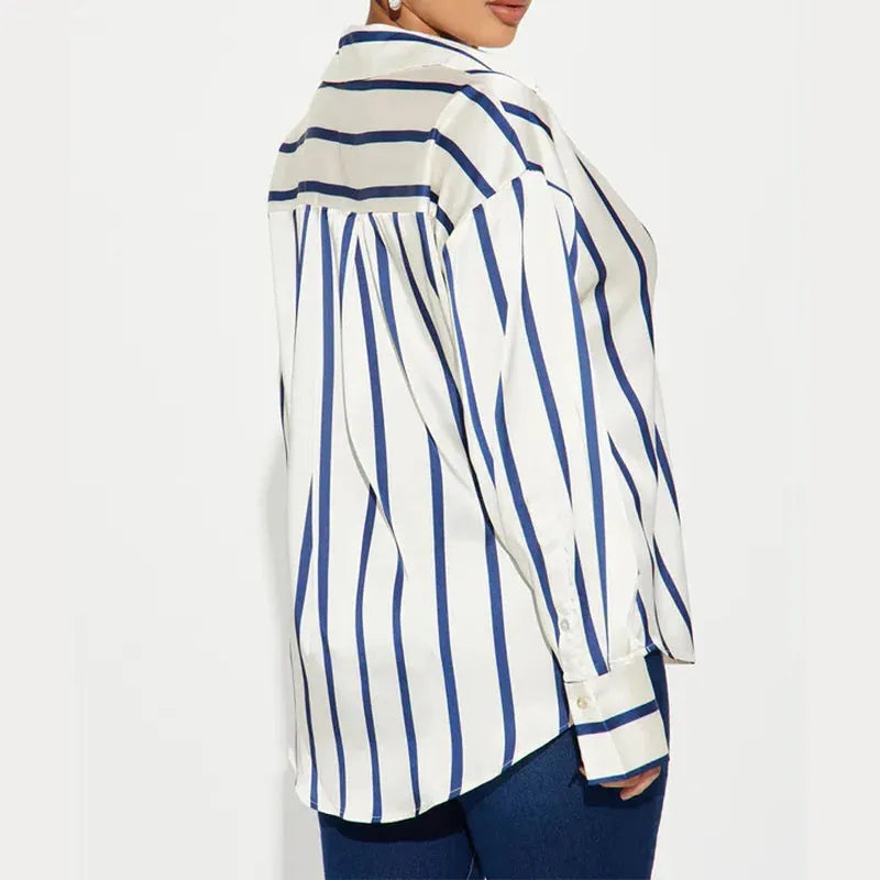 Satin Stripe Button-Up Shirt for Women - Elegant Casual Wear - Lightweight, Soft Fabric, Perfect for Office or Outings