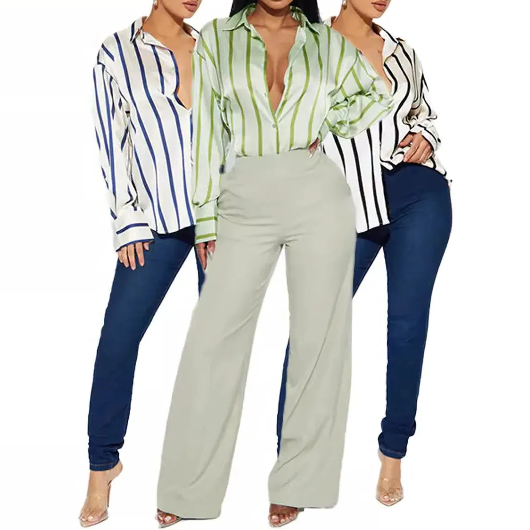 Satin Stripe Button-Up Shirt for Women - Elegant Casual Wear - Lightweight, Soft Fabric, Perfect for Office or Outings