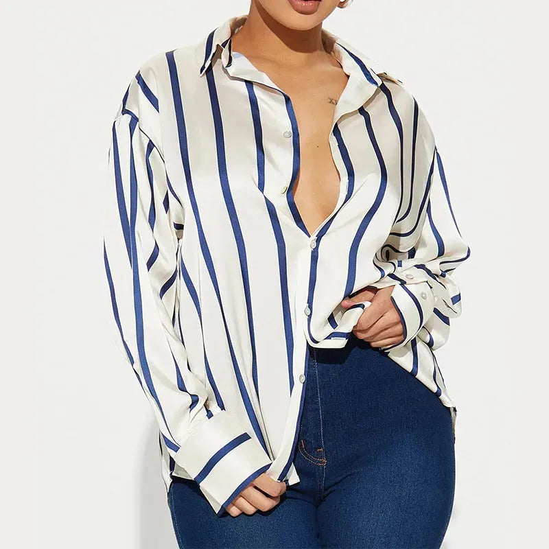 Satin Stripe Button-Up Shirt for Women - Elegant Casual Wear - Lightweight, Soft Fabric, Perfect for Office or Outings