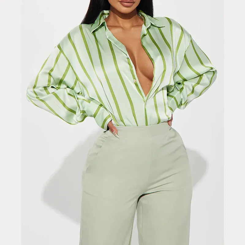 Satin Stripe Button-Up Shirt for Women - Elegant Casual Wear - Lightweight, Soft Fabric, Perfect for Office or Outings