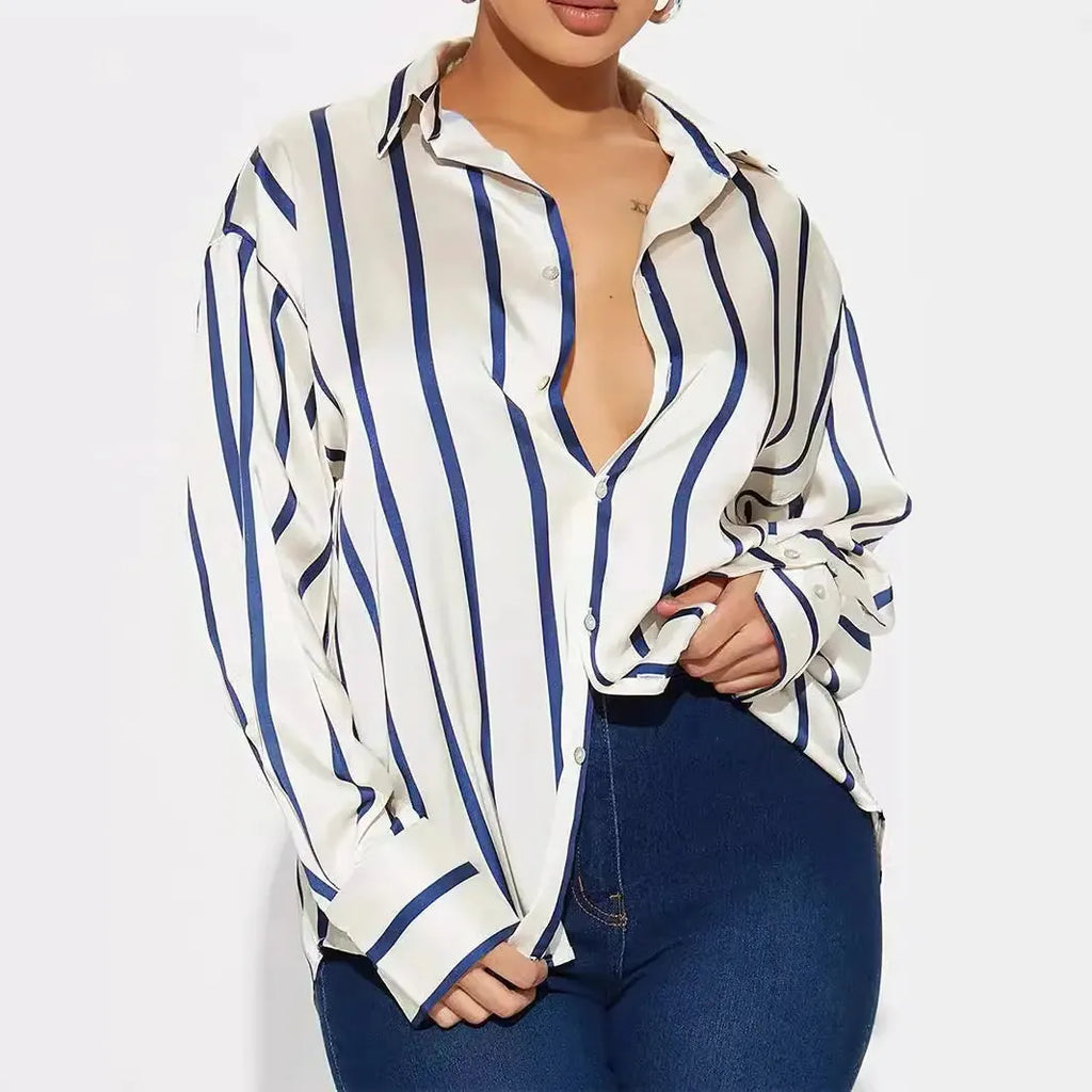 Satin Stripe Button-Up Shirt for Women - Elegant Casual Wear - Lightweight, Soft Fabric, Perfect for Office or Outings
