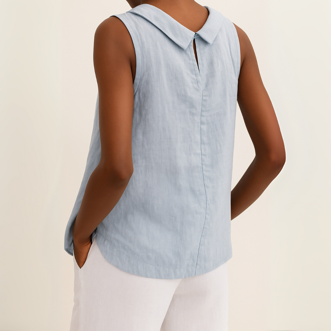 Sleeveless Women's Blouse with Rolled Collar and Curved Hemline for Casual or Office Wear