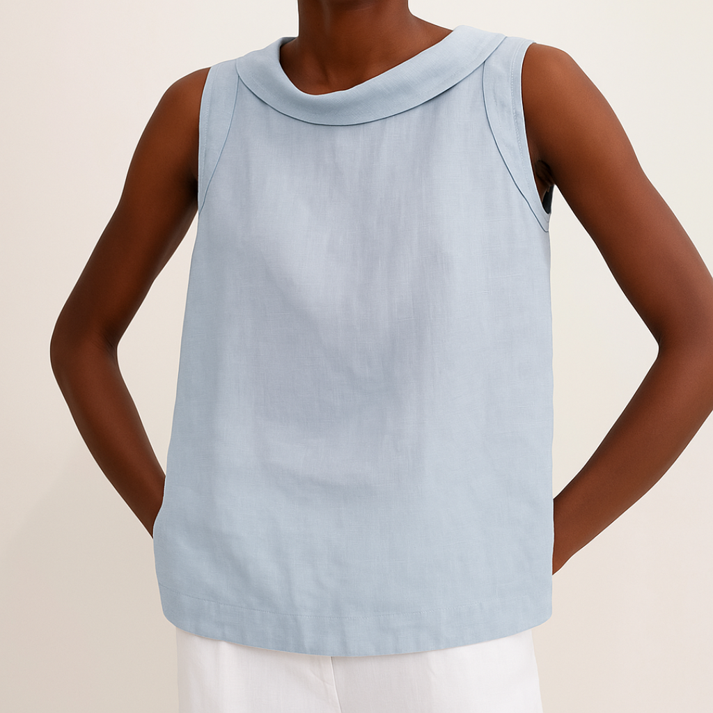 Sleeveless Women's Blouse with Rolled Collar and Curved Hemline for Casual or Office Wear