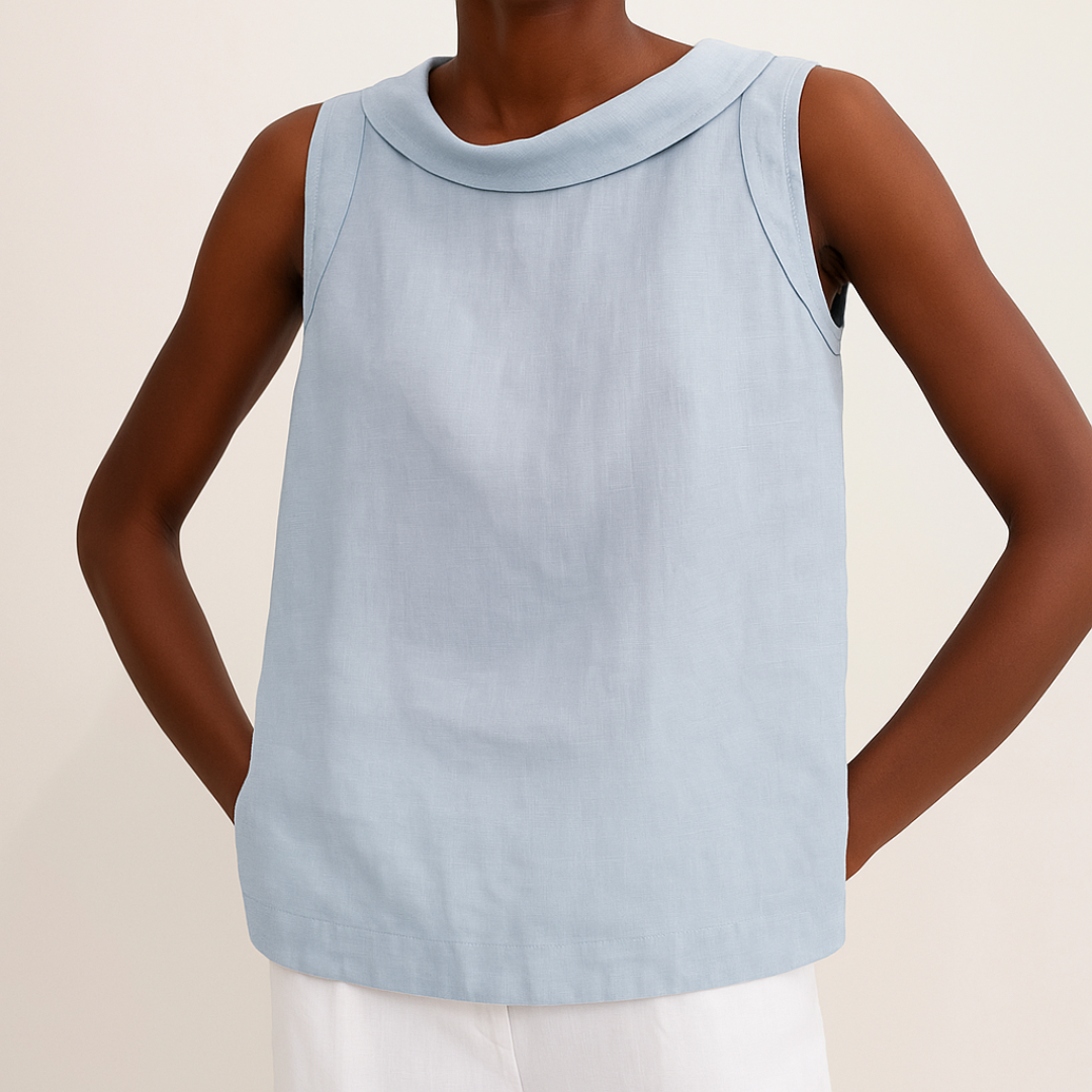 Sleeveless Women's Blouse with Rolled Collar and Curved Hemline for Casual or Office Wear