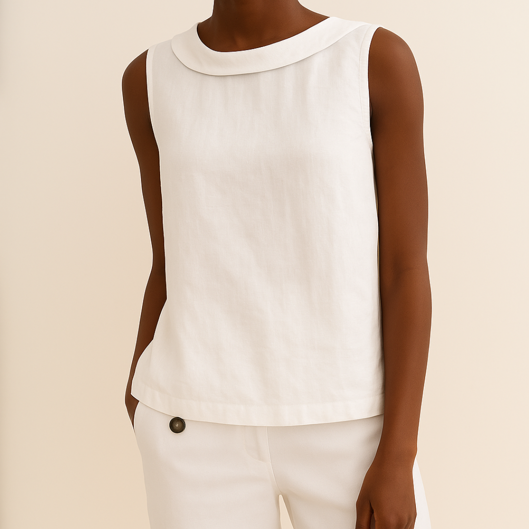 Sleeveless Women's Blouse with Rolled Collar and Curved Hemline for Casual or Office Wear