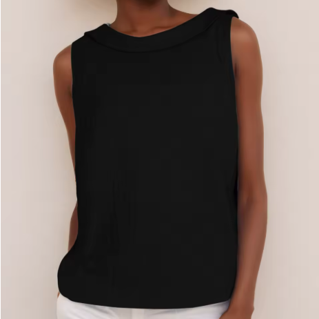 Sleeveless Women's Blouse with Rolled Collar and Curved Hemline for Casual or Office Wear