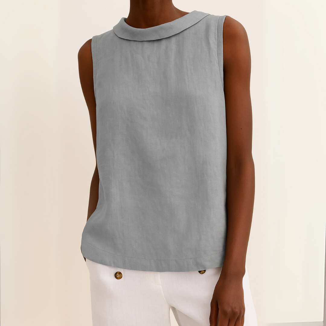Sleeveless Women's Blouse with Rolled Collar and Curved Hemline for Casual or Office Wear